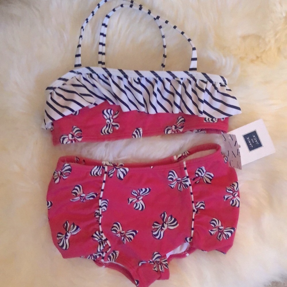 JANIE AND JACK 5T swimsuit NWT Navy white pink bow